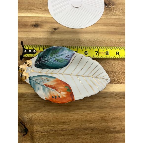 Vintage Hand Painted Leaf Style Trinket Dish Made in Japan Gold Turquoise - Picture 6 of 6